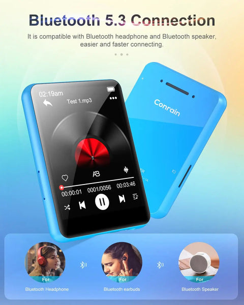 Blue 64GB 2.4 Inch Full Touch MP3 Player With Bluetooth 5.3 showing screen and buttons.