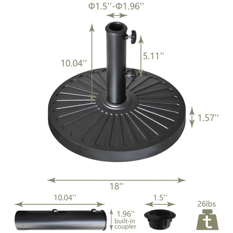 Heavy Duty Patio Umbrella Base Stand With Concave Radial Pattern Cast Resin Outdoor Weatherproof Black Beefed Up Durable Holder
