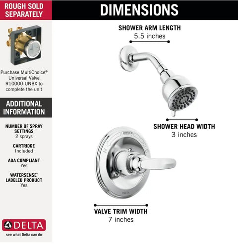 Foundations 13 Series Shower Trim Kit With Single Spray Shower Head Chrome Finish Valve Not Included dimensions details