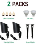 Components of 5W Low Voltage Landscape Lights Set 12V Outdoor Spotlight Kit Warm White LED Waterproof Replaceable Bulbs For Garden, Lawn, Porch, Patio And Yard Black Two Pack With 160 Degree Adjustable Knuckle