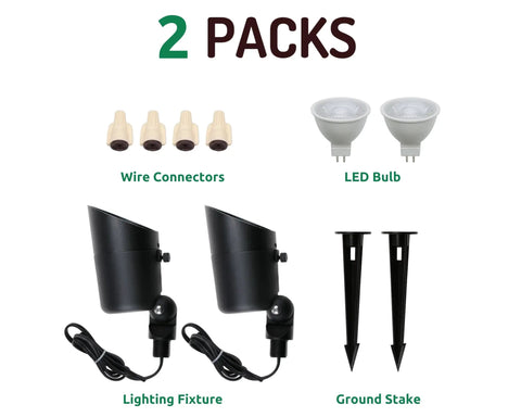 Components of 5W Low Voltage Landscape Lights Set 12V Outdoor Spotlight Kit Warm White LED Waterproof Replaceable Bulbs For Garden, Lawn, Porch, Patio And Yard Black Two Pack With 160 Degree Adjustable Knuckle