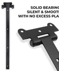 24 Inch Black T Strap Gate Hinges Set - Heavy Duty 2 Pack with 14 Mounting Screws, close-up of black powder coated iron hinge