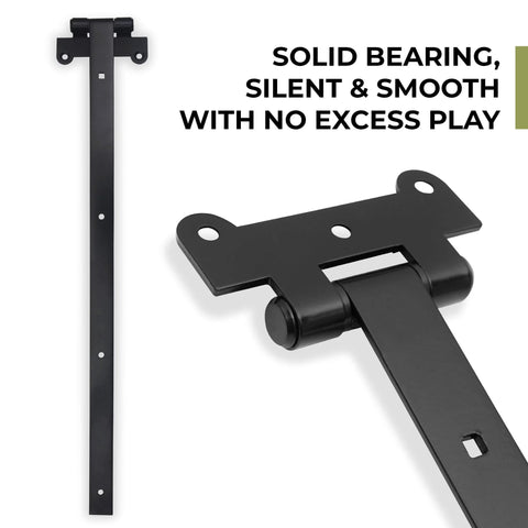 24 Inch Black T Strap Gate Hinges Set - Heavy Duty 2 Pack with 14 Mounting Screws, close-up of black powder coated iron hinge