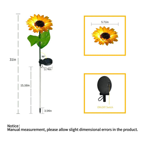 8 Pack Solar Sunflower Garden Lights For Outdoor Yard Decor IP65 Waterproof Pathway Party Patio Lawn Christmas Halloween Vibe With Rechargeable Battery And Super Bright LEDs with measurements and switch details