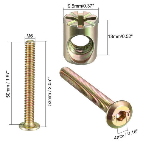 M6x50mm Hex Furniture Bolt And Barrel Nut Set For Wood Cabinet Assembly, Heavy Duty Carbon Steel With Zinc Plating