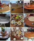 Big Shot Wooden Lazy Susan Serving Tray Smooth Operator Turntable On Dining Table with food and bowls arranged on smooth surface.