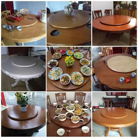 Big Shot Wooden Lazy Susan Serving Tray Smooth Operator Turntable On Dining Table with food and bowls arranged on smooth surface.