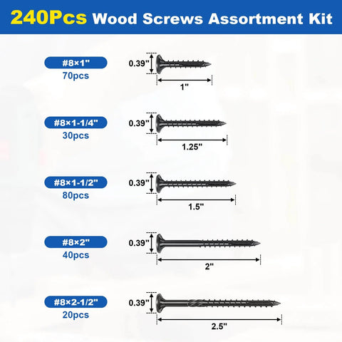 Ultimate Deck Screw Kit For Woodworking, 240Pcs Size 8 Wood Screws In 5 Lengths with measurements visible.
