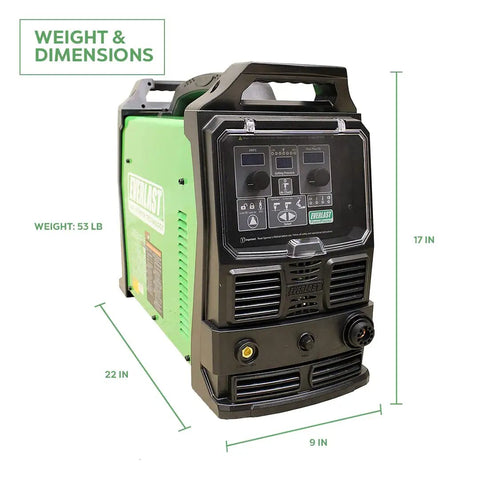 Heavy Duty 80 Amp Cnc Plasma Cutter With Ptm Machine Torch And Blowback Ignition For Painted Or Rusted Metals Includes 24 Foot Cable With Euro Quick Connect side view with dimensions shown.