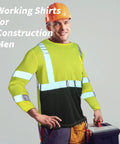 Six Pack High Visibility Long Sleeve Safety T Shirts For Men With Reflective Strips And Chest Pocket Fluorescent Yellow Hi Vis Workwear XL For Nighttime Visibility on construction worker with tools.