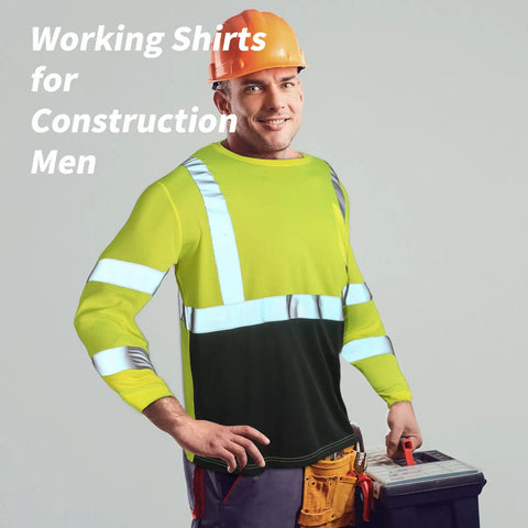 Six Pack High Visibility Long Sleeve Safety T Shirts For Men With Reflective Strips And Chest Pocket Fluorescent Yellow Hi Vis Workwear XL For Nighttime Visibility on construction worker with tools.