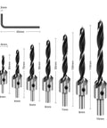 Front view of 7-piece high-speed steel countersink drill bit set for wood, sizes 3–10 mm with hex key