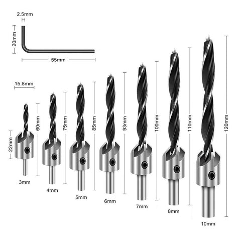 Front view of 7-piece high-speed steel countersink drill bit set for wood, sizes 3–10 mm with hex key