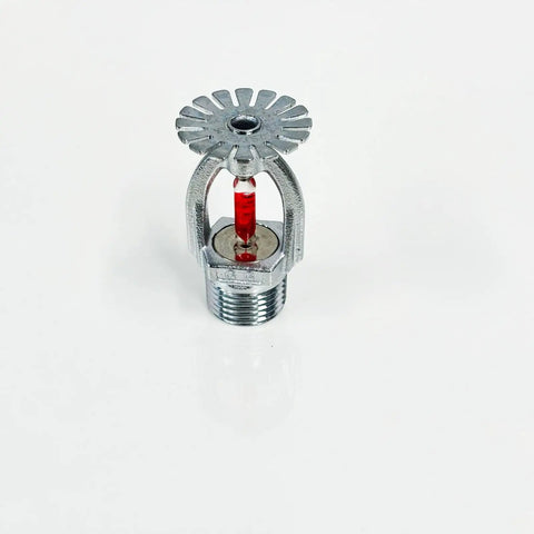 Top Notch Two Pack Fire Sprinkler Heads With Automatic One Fifty Five Degree Fahrenheit Activation For Serious Safety Needs Built Tough For Any Building In A Simple Pendant Down Spray Mount That Handles Extreme Heat Without Breaking A Sweat - close-up view of a metal sprinkler head with a red sensor.