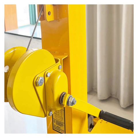 Hand Crank Telescopic Lifting Pole Manual Winch Mast Adjustable 3 To 8 Meters close-up of yellow pulley and handle detail.