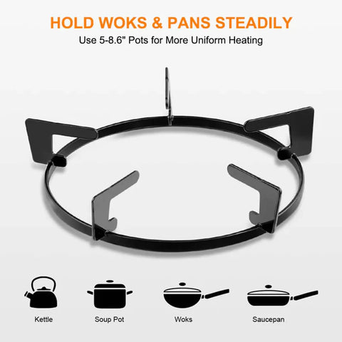 Grillin Ready Portable Double Burner Propane Stove With Auto Ignition showing wok holder for pots and pans support