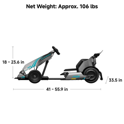 Side view of Gokart Pro 2 Electric Go Kart For Teens 14 Plus, Drift And Race Ready with adjustable length and height dimensions.