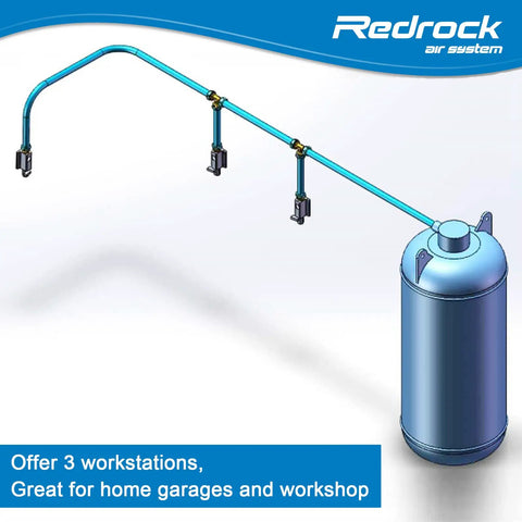 Leak Proof Shop And Garage Ready Air Piping Kit 3/4 Inch By 100 Foot HDPE Aluminum Air Line System For Air Compressors 200 PSI Easy To Install Flexible Piping ASTM F1282 Blue connected to a tank with three outlets in a workshop setup.