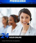 Customer service representative wearing a headset with "24 Hour Online" text banner.