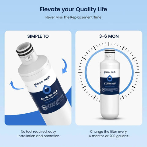 LT1000PC Replacement Water Filter for Your Fridge Fits LT1000PC PCS and LT-1000PC Models MDJ64844601 ADQ74793504 Fresh Air Compatible shown with easy installation and change schedule.