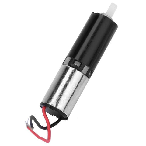 6mm micro DC gear motor with four-stage reduction, side view, metal body, red and black wires