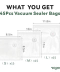 Reusable Vacuum Sealer Bags 45 Pcs Set S M L For Food Storage BPA Free Microwave Safe Sous Vide Ready 3 sizes with measurements