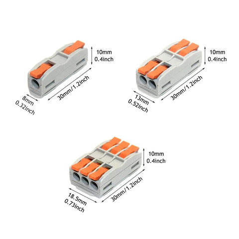 Multi In Out Wire Connector Terminal Block For Fast Tool Free Splicing Of Solid Stranded Copper Cables In Junction Boxes With Flame Retardant Pa66 Housing And Tin Plated Contacts Supporting Up to 32 Amps Perfect For Lighting Projects, size views