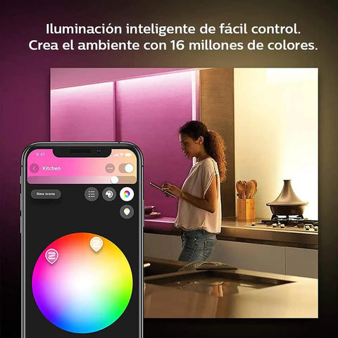 Hue LightStrip Plus Dimmable LED Smart Light Extension for Ambient Mood Lighting in modern kitchen controlled via smartphone app