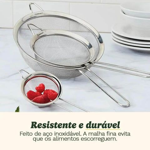 Three Piece Stainless Steel Mesh Strainer Set With Fine Mesh For Sifting, Straining, And Draining In The Kitchen, on counter