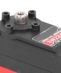 Close-up of Premium Aluminum Alloy Servo Motor Built Tough Runs Smooth Whisper Low Noise for RC plane control.