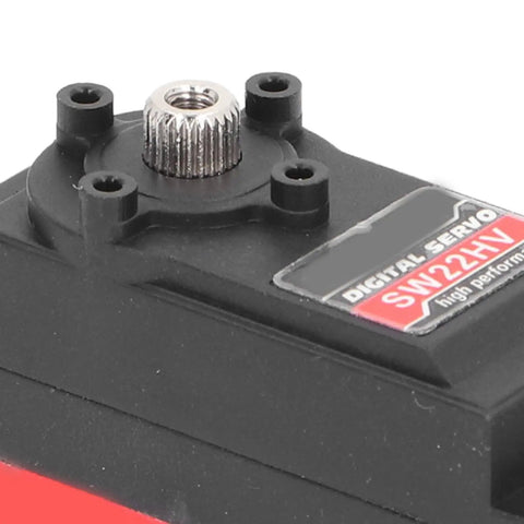 Close-up of Premium Aluminum Alloy Servo Motor Built Tough Runs Smooth Whisper Low Noise for RC plane control.