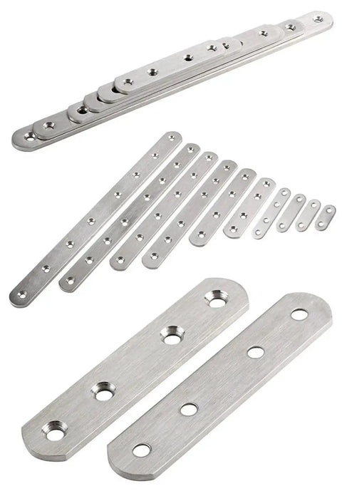 80 Piece Stainless Steel Flat Plate Brackets of various sizes, ideal for wood support and flush mount applications.
