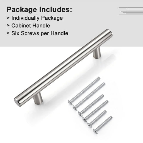 30 Pack 3-3/4 Inch Hole Center Cabinet Pulls Brushed Nickel Stainless Steel Kitchen Cabinet Handles 6 Inch Overall Length 1/2 Inch Diameter 1-1/4 Inch Projection Includes 1 In 1-2/5 In and 1-3/4 In Screws for Easy Cabinet and Drawer Installation with included screws visible