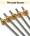6mm T6 Lead Screw With Copper Nut For 3D Printers, Stainless Steel Trapezoidal Rod lined up in a row, heavy duty linear motion screw.