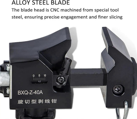 Close-up of alloy steel blade from the Heavy Duty Adjustable Cable Stripper Cutter Machine With Gauge Wire Insulation Removal Tool.