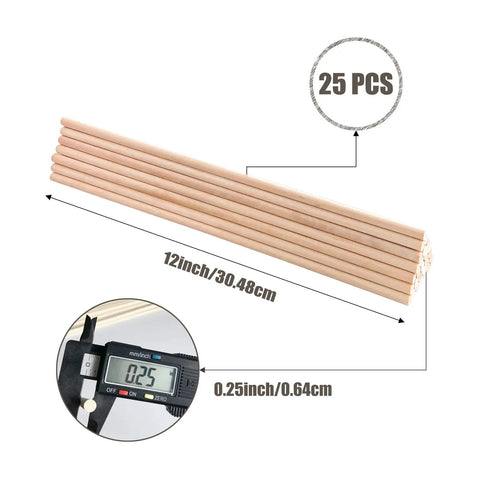 Top Shelf Twenty Five Pack Of One Quarter By Twelve Inch Dead Straight Precut Dowel Rods Crafted From Dense Hardwood For Super Nifty Diy Crafts And Bulletproof Tiered Cake Supports displayed with measurements.