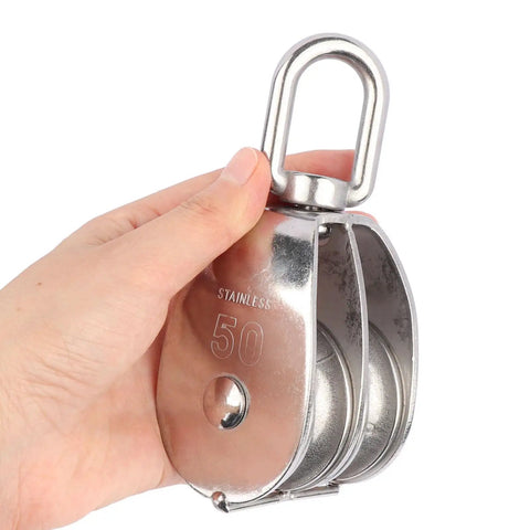 M50 Double Pulley Snatch Block With Swivel Hook For Lifting Crane Tough As Nails Heavy Duty Rigging In 304 Stainless Steel Corrosion Resistant Indoor Outdoor Use For Year Round Performance, 50mm stainless steel double sheave