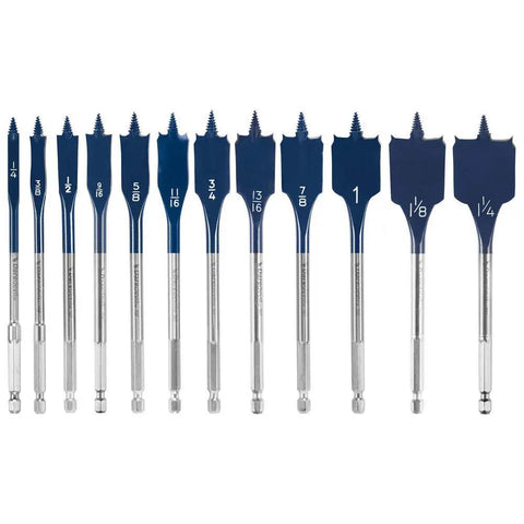 12 Piece Daredevil Spade Bit Set With One Quarter Inch Hex Shank For Fast Wood Drilling Clean Holes Reduced Blowout And Full Thread Tip