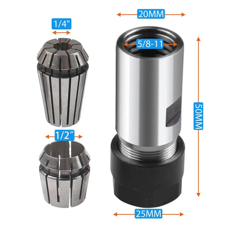 Angle Grinder Extension Shaft Set 5/8-11 Thread Drill Conversion with 1/4 Inch and 1/2 Inch Spring Collets, stainless steel.