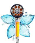 Vitamin C Shower Head With Inline Filter Handheld Lotus Style Water Purifier 2 Filters Included Removes Up To Ninety Nine Percent Chlorine And Chloramines For Softer Cleaner Skin And Healthier Hair against water splash background