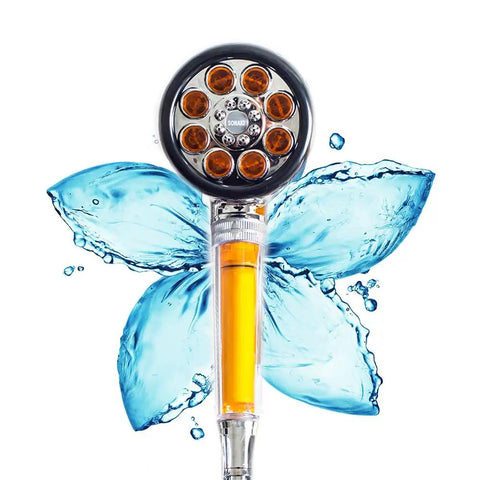 Vitamin C Shower Head With Inline Filter Handheld Lotus Style Water Purifier 2 Filters Included Removes Up To Ninety Nine Percent Chlorine And Chloramines For Softer Cleaner Skin And Healthier Hair against water splash background
