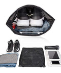 Heavy Duty Mesh Drawstring Gear Bag for Beach, Pool, and Gym Sports Equipment, showing contents and storage capability