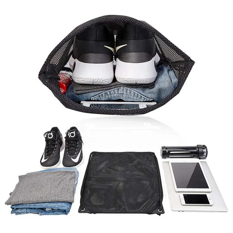 Heavy Duty Mesh Drawstring Gear Bag for Beach, Pool, and Gym Sports Equipment, showing contents and storage capability