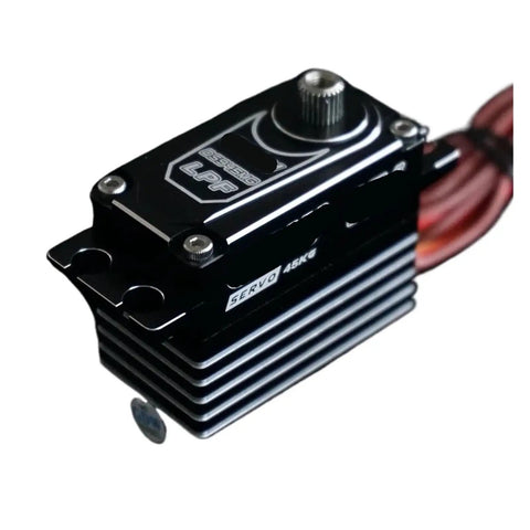 Heavy Duty RC Digital Servo Featuring A Coreless Motor With Full Metal Gears, showcasing a durable black casing for custom builds.