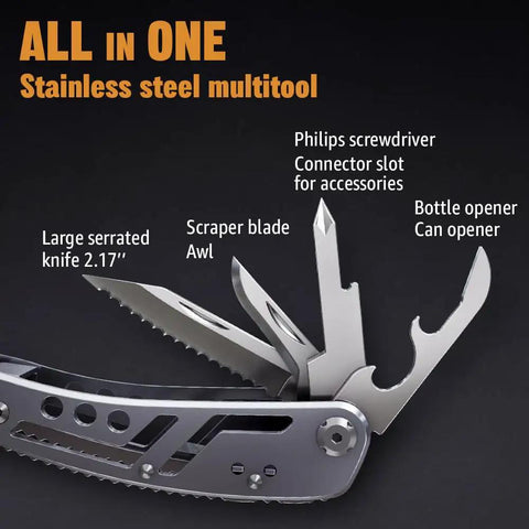 24 In 1 Multitool With Knife And Pliers, 11 Magnetic Bits, showing stainless steel components like knife, screwdriver, opener
