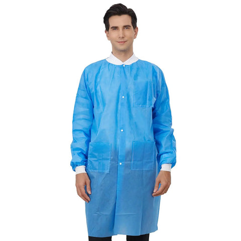 Person wearing Disposable Lab Coats Pack Of 10 In Blue SMS Polypropylene Anti Static Fluid Resistant Breathable With Pockets Adult Size Medium