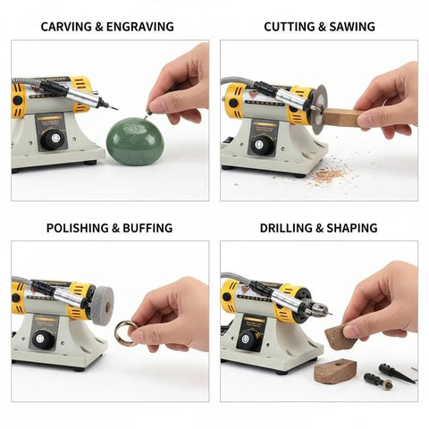 Pro Grade Jewelry Polishing And Grinding Machine Bench Lathe For Lapidary And DIY Jewelry Making 110V Mini Table Saw Polisher Buffer With 0 To 10000 RPM And Flexible Shaft used for engraving, cutting, polishing, and drilling