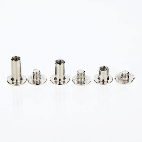 Complete 75 Piece Chicago Screw Post Leather Binding Kit with various silver carbon steel posts for leather crafts and DIY repairs.