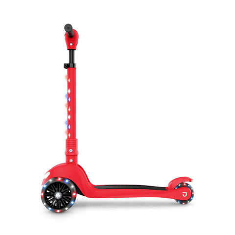 Three Wheel Light Up Kick Scooter For Kids Super Stable Design With Adjustable Handlebar LED Lights On Stem And Wheels No Tool Foldable Design Rear Foot Brake Beginner Friendly Red, side view
