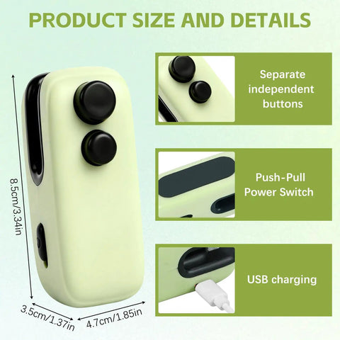 Close-up of 2 Pack Rechargeable 2 In 1 Mini Bag Sealer And Cutter showing USB charging, separate buttons, and push-pull power switch.